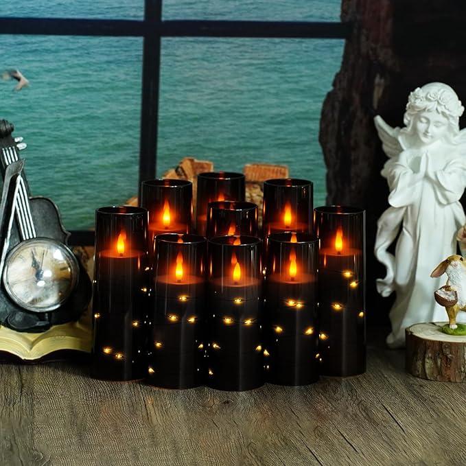 Flickering Flameless LED Candles, Acrylic LED Pillar Candles (9 Pcs)