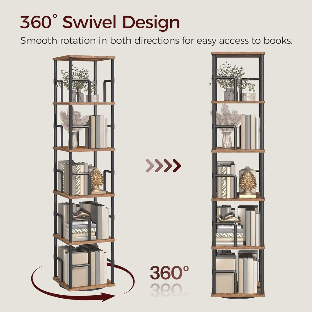 MAHANCRIS 5-Tier Rotating Bookshelf, Freestanding Corner Bookshelf, 360° Spinning Bookcase, Industrial Style Storage Rack with Rails, for Living Room, Bedroom, Study, Rustic Brown and Black BKHR1601