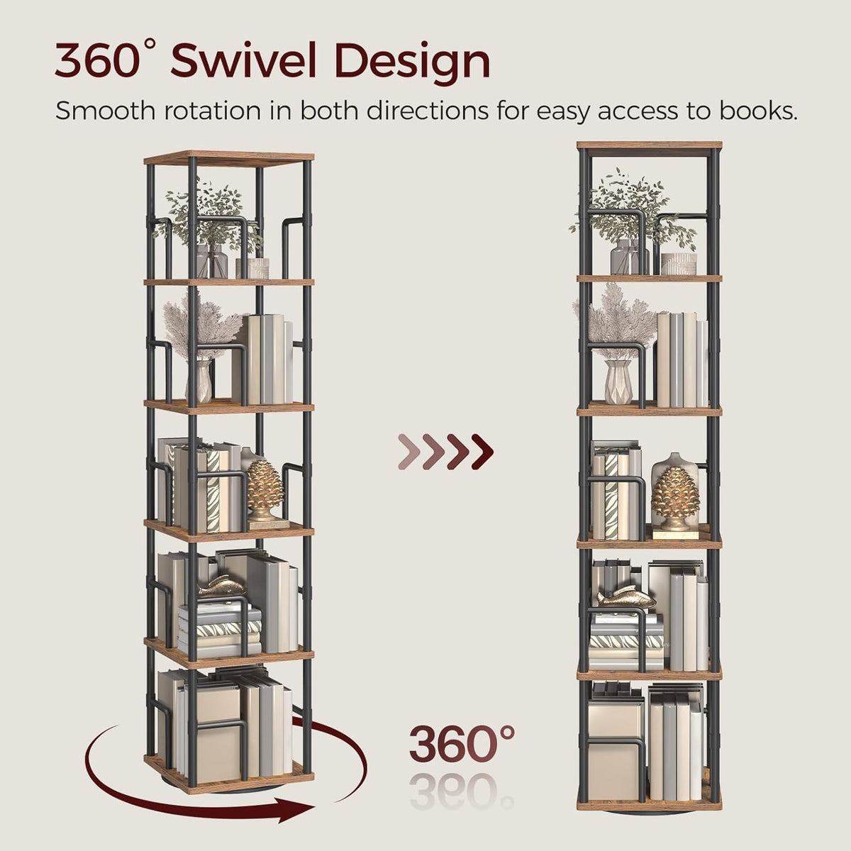 MAHANCRIS 5-Tier Rotating Bookshelf, Freestanding Corner Bookshelf, 360° Spinning Bookcase, Industrial Style Storage Rack with Rails, for Living Room, Bedroom, Study, Rustic Brown and Black BKHR1601