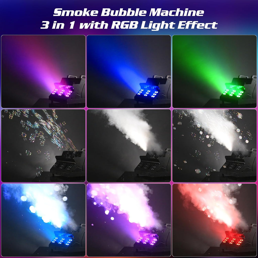 2000W Fog Machine, 3 in 1 Fog Bubble Machine with 2 Bubble Fans, 18 RGB LED Lights Smoke Bubble ALL IN ONE Fog Machine, Bubble Machine for Halloween Party Wedding Birthday