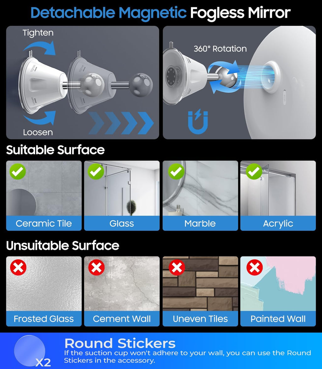 Gospire Upgraded Heated Shower Mirror Fogless for Shaving, 5000mAh Battery | 360° Swivel & Magnetic Design, 8.3” Anti-Fog Shower Shaving Mirror with 3 Color Lights, No Drilling, With 2PCS Adhesive Hooks