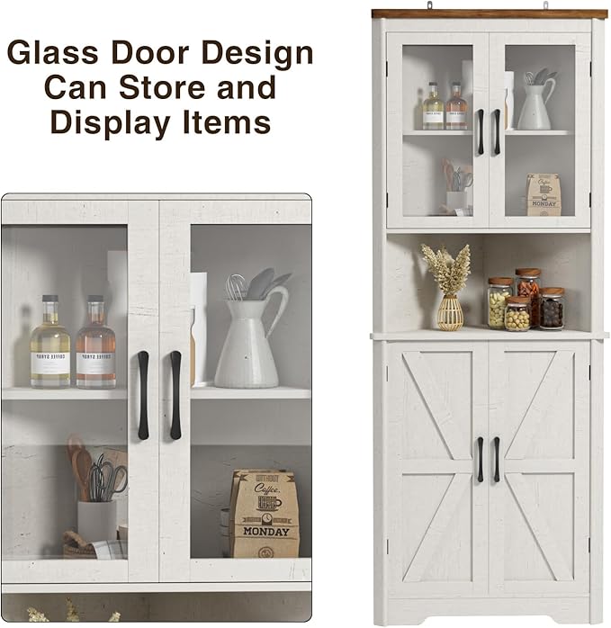 67''H Tall Corner Cabinet with 4 Tempered Glass Doors and Barn Doors, Farmhouse