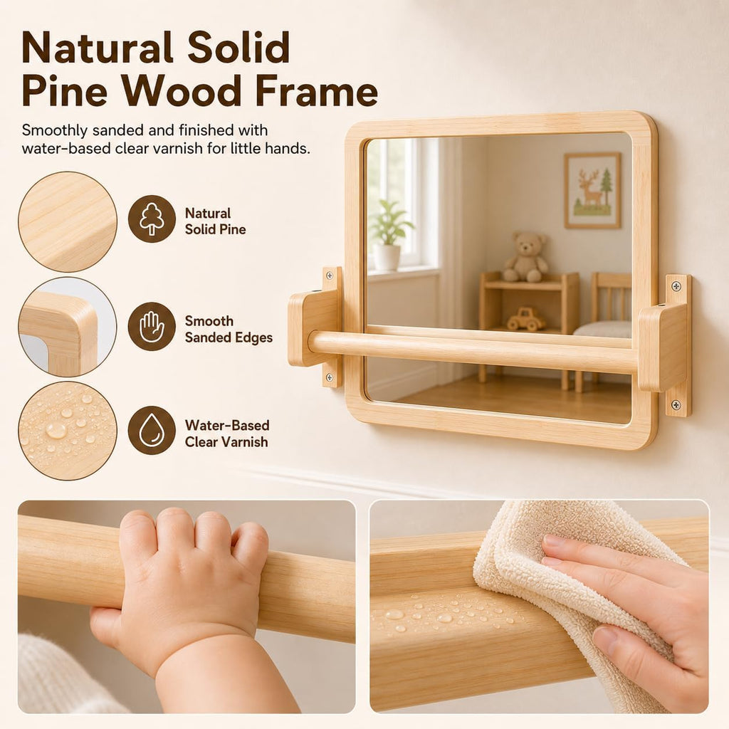 Ogears Montessori Mirror with Bar, Acrylic Baby Mirror with Pull Up Bar | Anti-rotation baby pull up bar, solid wood frame, wall-mounted, 19.7 x 15.8 in, for ages 6-18 months, standing and balance