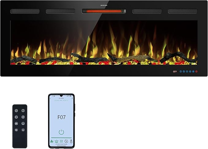 48" WiFi Electric Fireplace Inserts, Recessed and Wall Mounted Fireplace Heater