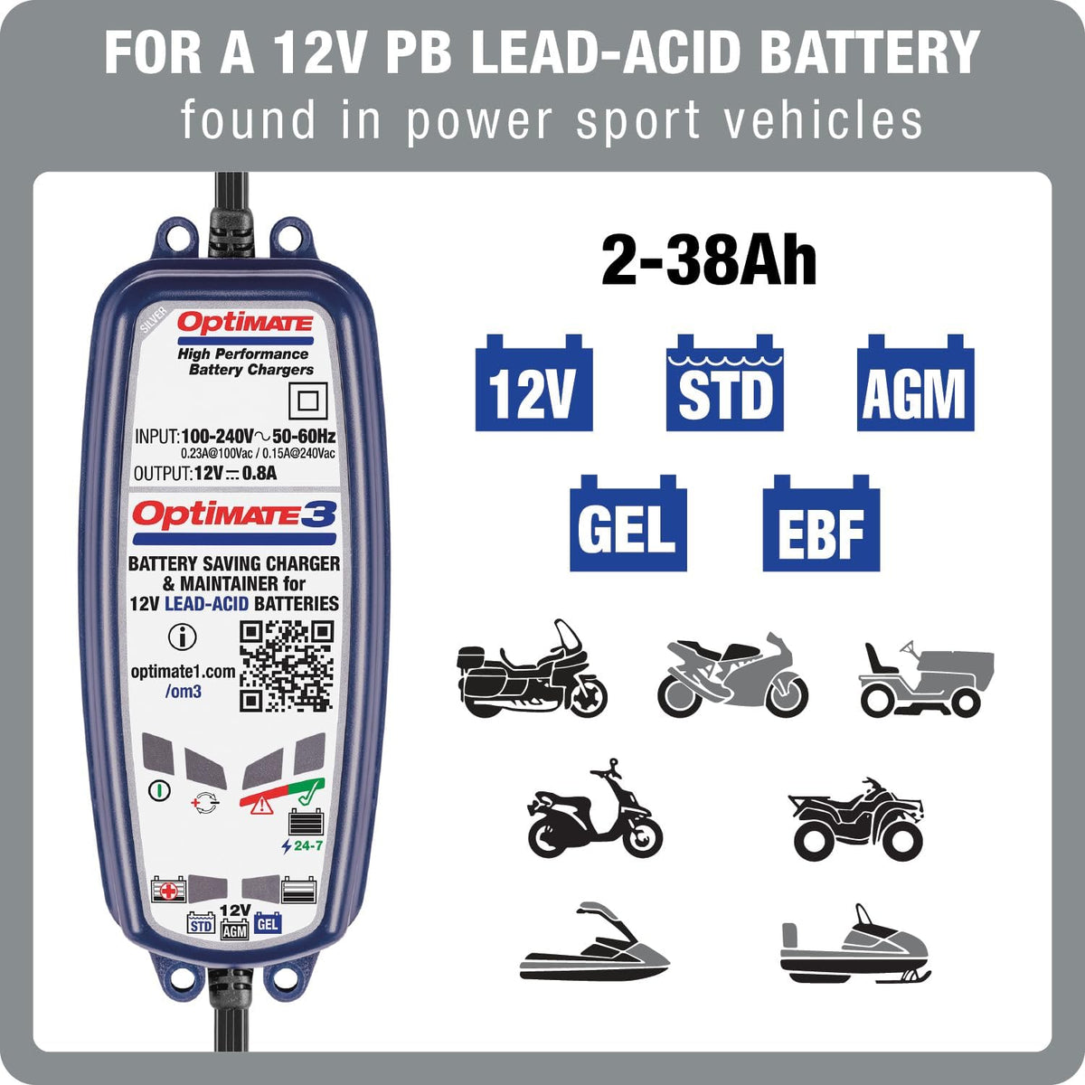 optimate3 0.8a, smart battery saving charger for 12v, close-up detail