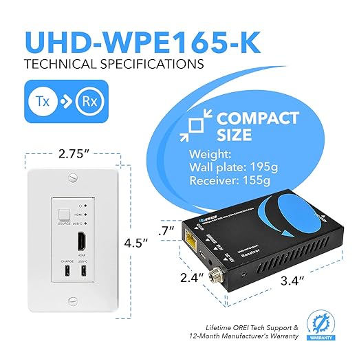 OREI 4K HDMI/USB-C Extender, Over Single Cat6/Cat7 Cable Wall Plate Transmitter