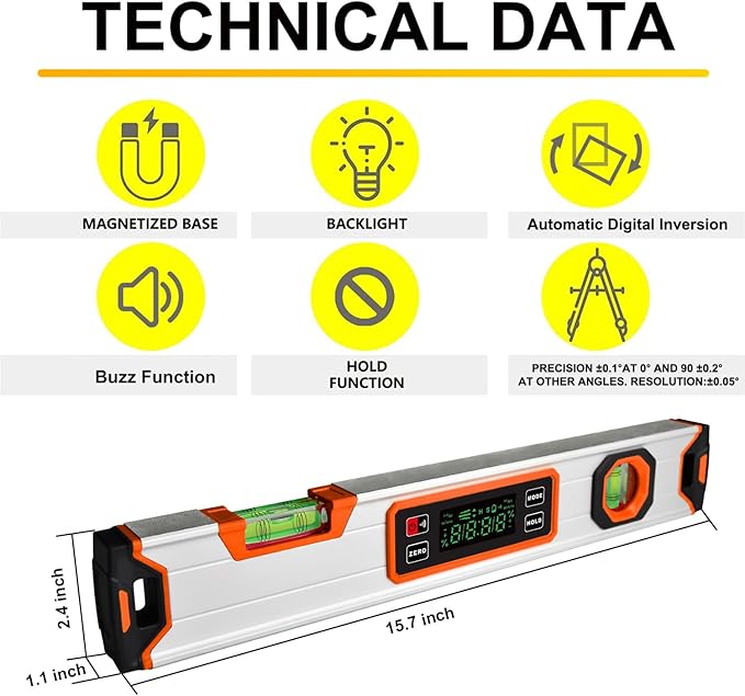eOUTIL 15.7-Inch Digital Torpedo Level & Angle Finder – IP54 Waterproof