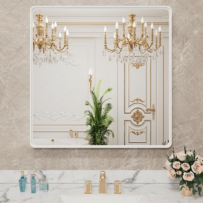 LOAAO 30x30 Inch White Metal Framed Bathroom Mirror