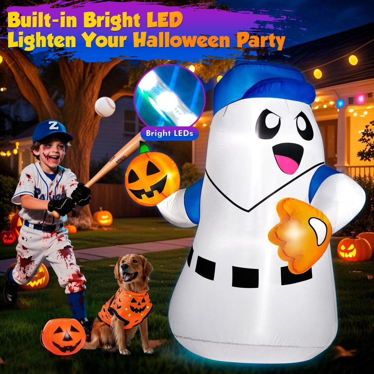 5FT Halloween Inflatables Ghost Pitcher with Pumpkin Baseball, Halloween Decoration Outdoor Blow Up Yard Decoration Built-in Bright LED Lights for Indoor & Outdoor Festival Yard Party