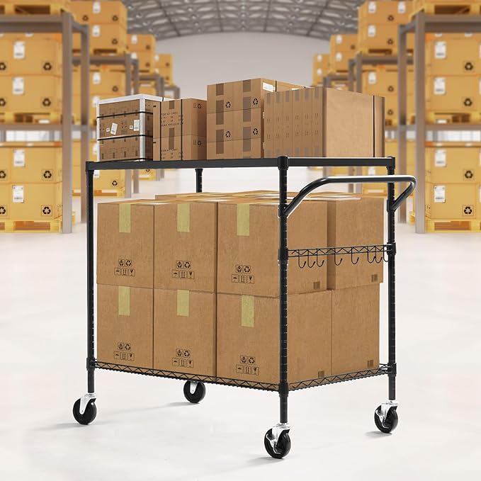 WDT 2-Tier Utility Cart with Wheels, Metal Cart with 1000LBS Capacity, NSF