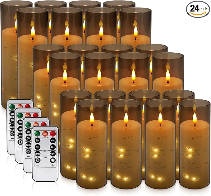 24pcs Flameless Grey Pillar Candle