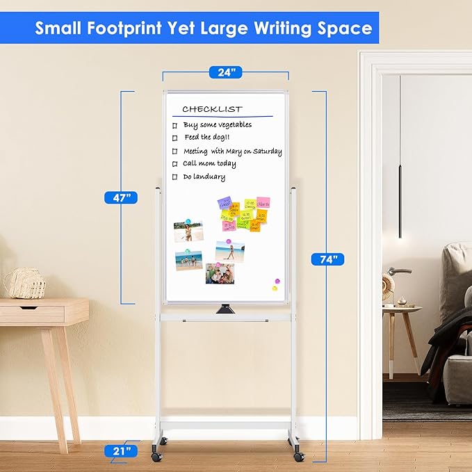 Magnetic Mobile White Board, 48 x 24 Double Sided Dry Erase Board Rolling