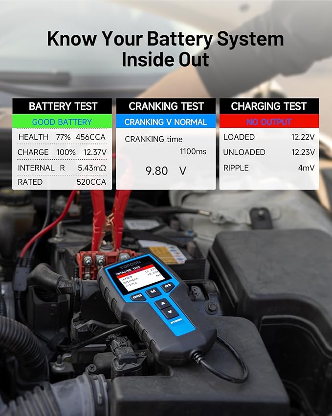 Car Battery Tester 24V 12V Load Tester, TOPDON BT200 100-2000CCA Automotive