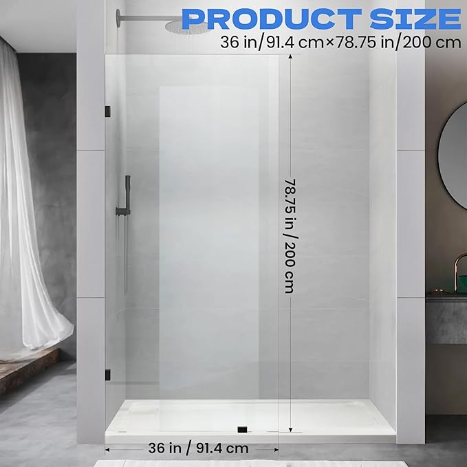 36" W x 78.75" H Shower Screen, Fixed Frameless Shower Glass Panel