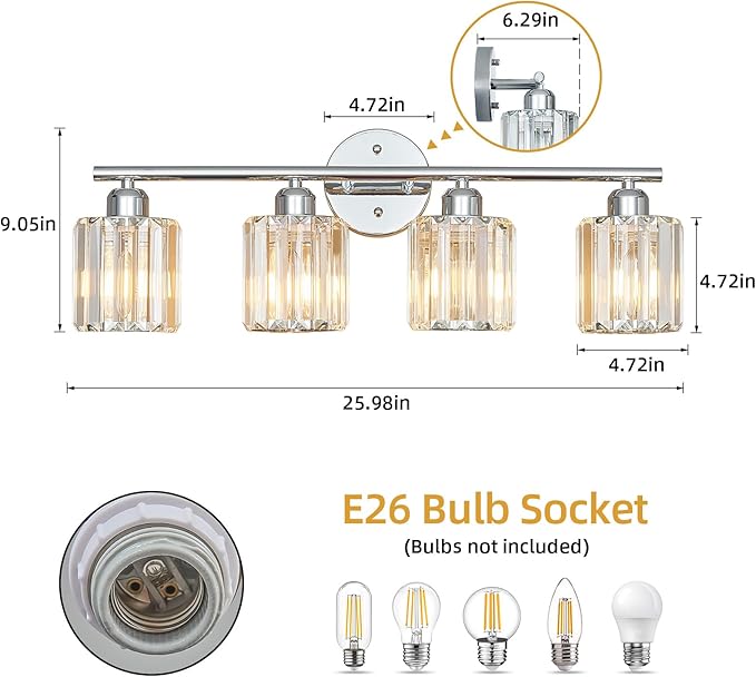 FDPBY Modern 4 Light Crystal Vanity Light, Chrome Vertical Bathroom Light