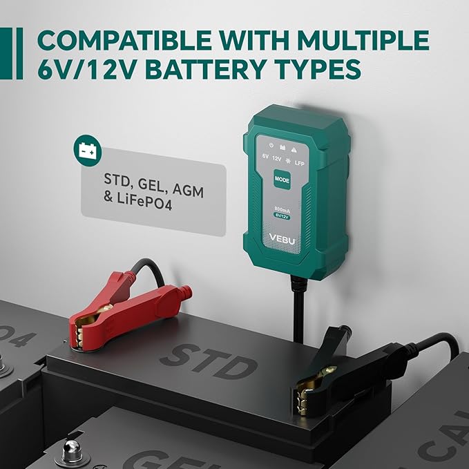 VEBU Motorcycle Trickle Charger 800mA Smart Battery Charger & Maintainer