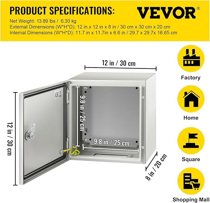 VEVOR NEMA Steel Enclosure 12×12×8, NEMA 4X Steel Electrical Box, IP66
