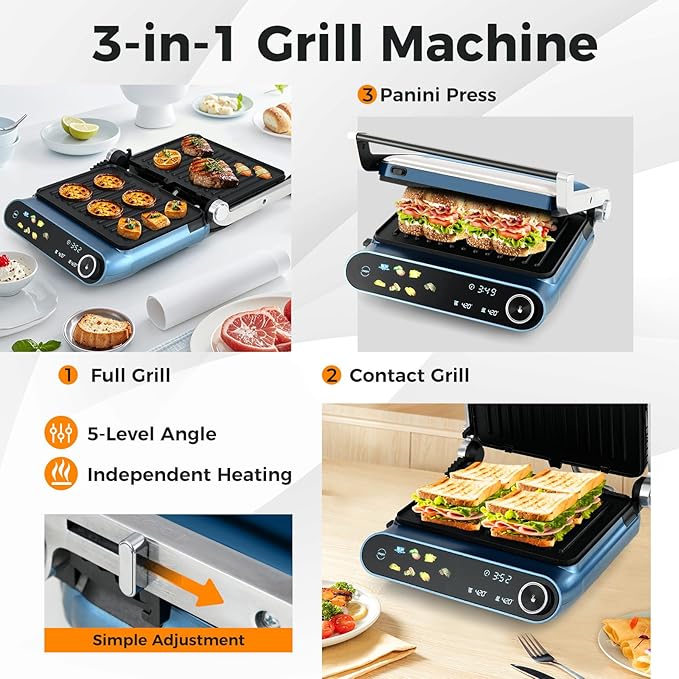7-In-1 Sandwich Maker with LED Touch Panel & No-Stick Plates, Electric Panini