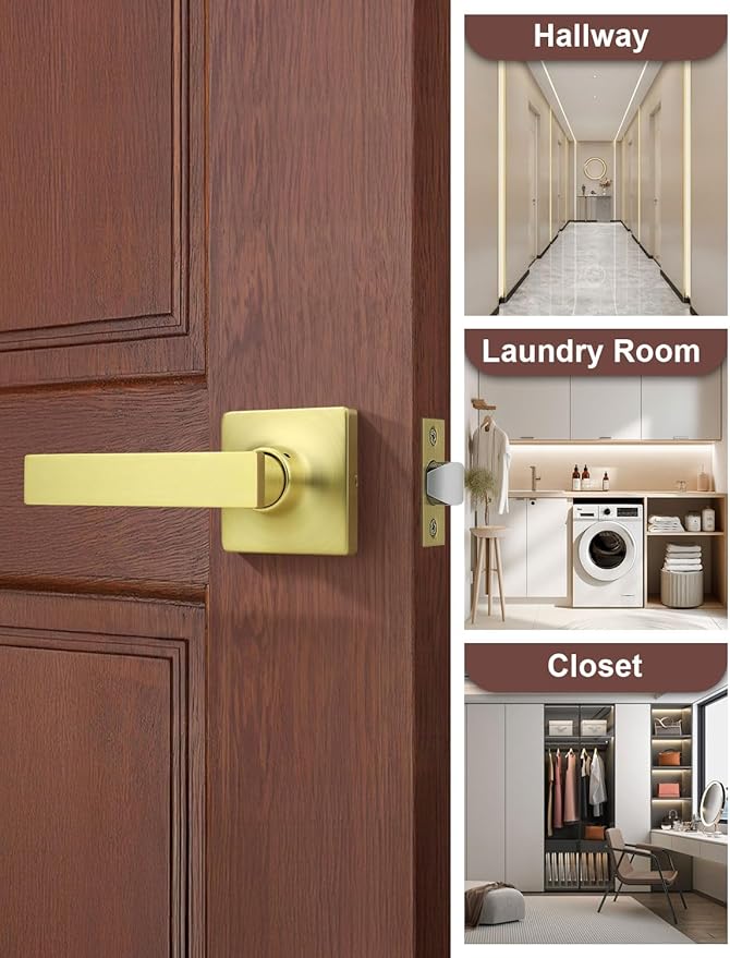 Mengico 2 Pack Passage Door Levers Gold Finish, No-Locking Keyless Square Door