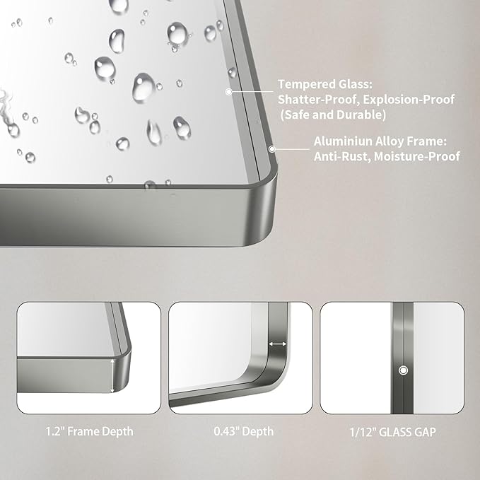 LOAAO 36X36 Inch Brushed Nickel Bathroom Mirror, Rounded Rectangle Silver Metal