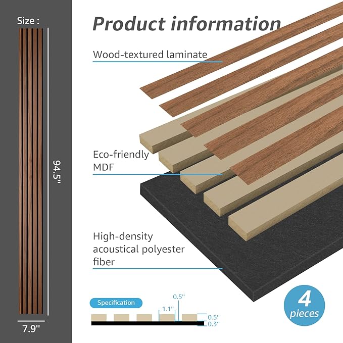 Art3d 4-Piece Wood Slat Acoustic Panels