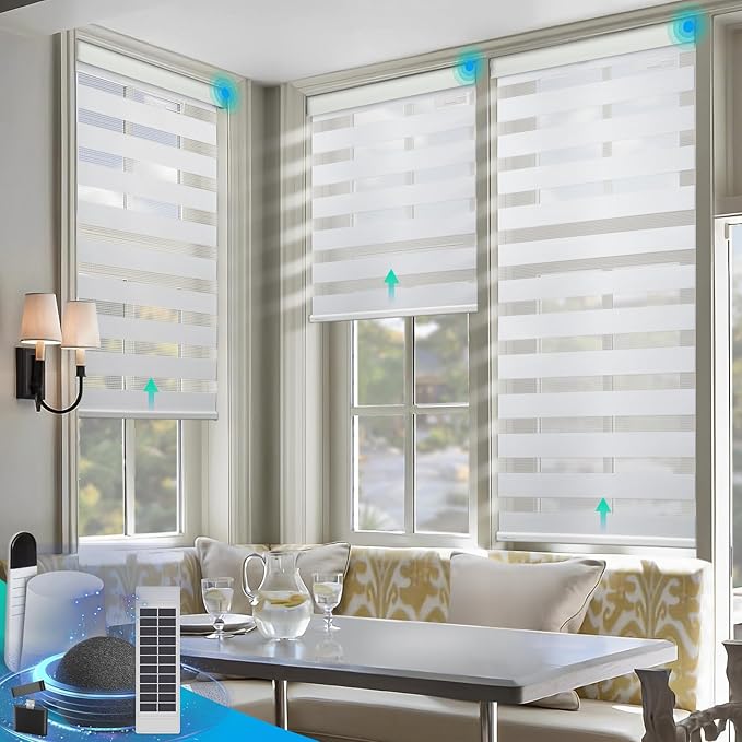 DENFOON Motorized Zebra Blinds, Solar Powered Dual Layer Automatic Shades