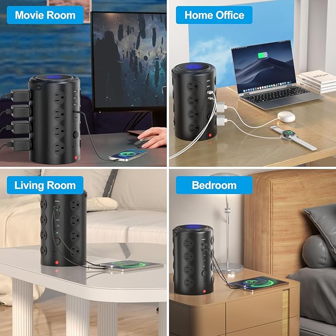 Tower Power Strip with 15W Wireless Charger, 20FT Extension Cord, 16 AC Outlets