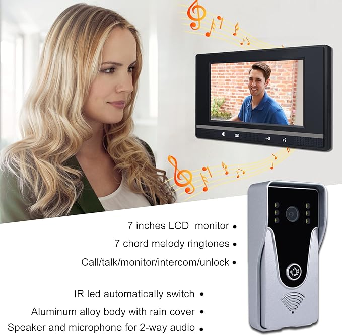 Wired Video Intercom System, 7 Inch Monitor and Aluminum Alloy Doorbell Camera
