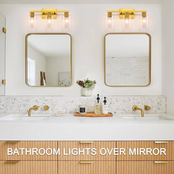 SOPEAS Gold 3-Light Bathroom Vanity Light, Modern Brushed Gold Vanity Lights