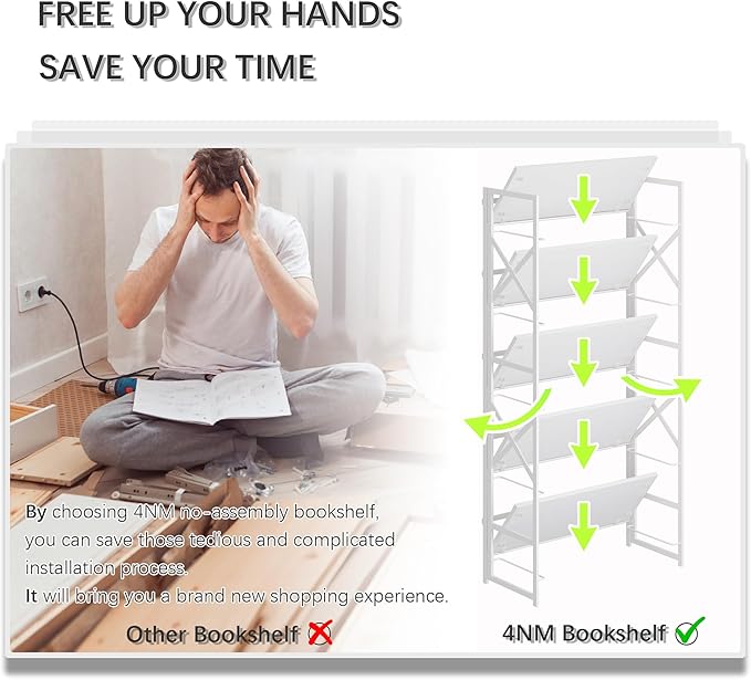 4NM 5 Tiers No Assembly Book Shelves, 51.2" H Folding Bookshelf Bookcase Open