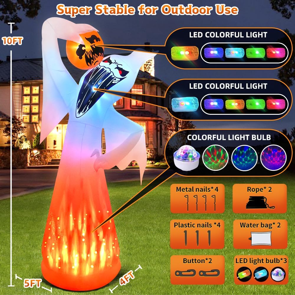 10 FT Halloween Inflatables Ghost with Pumpkin Decoration, Built in Flame Rotation LEDs Huge Halloween Inflatable Large Spooky Blow Ups Halloween, Party, Indoor, Outdoor, Garden, Yard Lawn