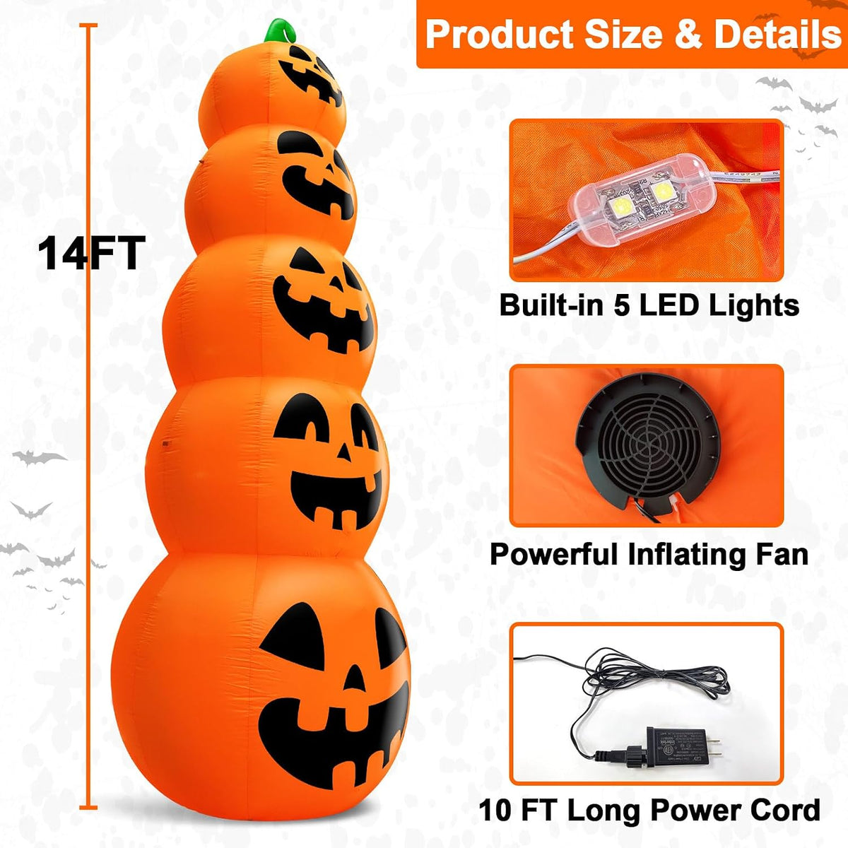 14 FT Giant Halloween Inflatable Stacked Pumpkins Outdoor Decoration