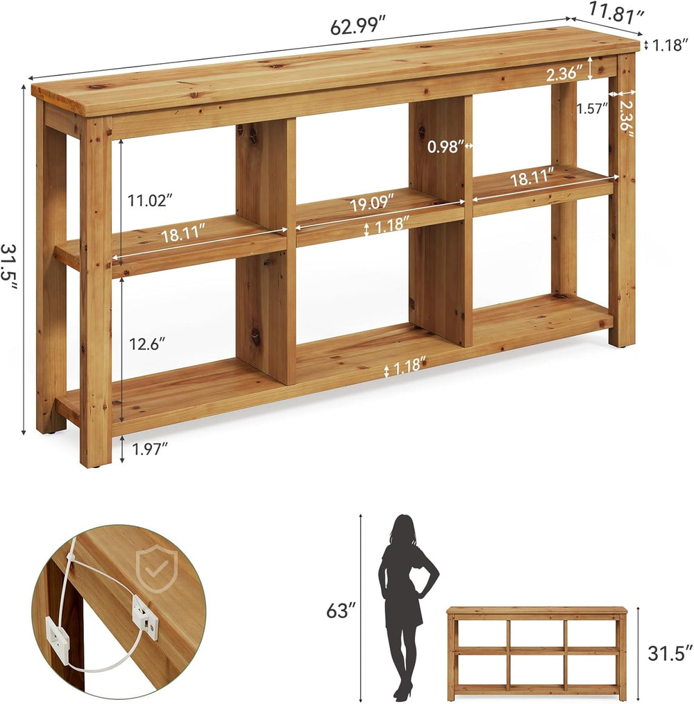 Solid Wood Horizontal Bookcase with Adjustable Shelves, 6 Cubes Storage Organ...