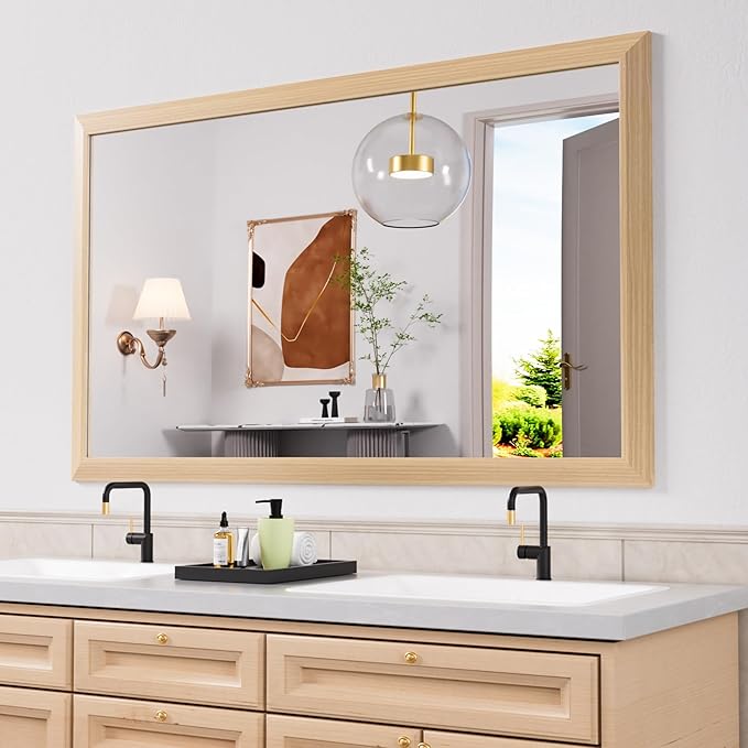 Amorho Bathroom Mirror, 60 X36 Inch Wall Mirror, Oak Wood Grain Metal Framed