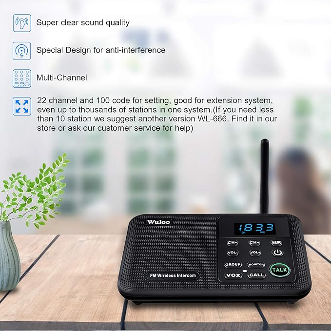 Wuloo Intercoms Wireless for Home 1 Mile Range 22 Channel 100 Digital Code (6 Packs)