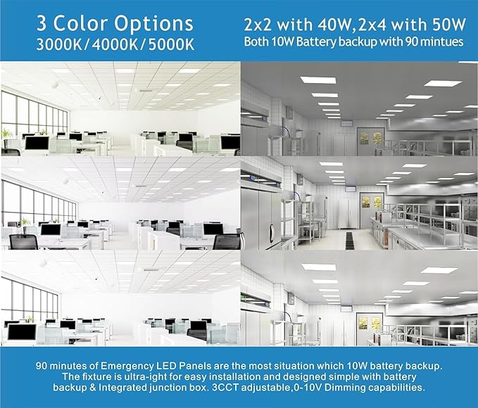 2X2 LED Flat Panel Light Emergency Battery Backup, 40W-3000K/4000K/5000K (4 Pack)