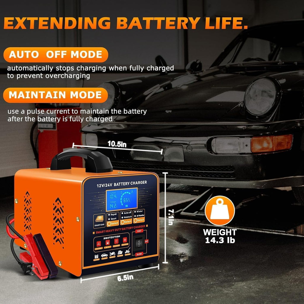 SolaMr 12V 24V Heavy Duty Car Battery Charger, 0-20A Automatic Trickle Charger for Car Truck Motorcycle RV Lawn Mower, Auto Smart Deep Cycle Battery Maintainer for AGM Lead Acid Batteries, Metal Case
