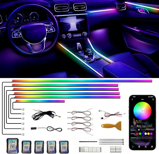 Acrylic Interior Car LED Strip Lights, Colorful 6-in-1 Car Ambient Lighting Kit
