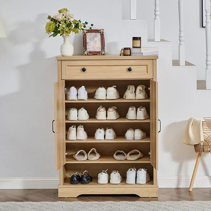 SOOWERY Shoe Cabinet with Drawer, Farmhouse Shoe Storage Cabinet with Doors