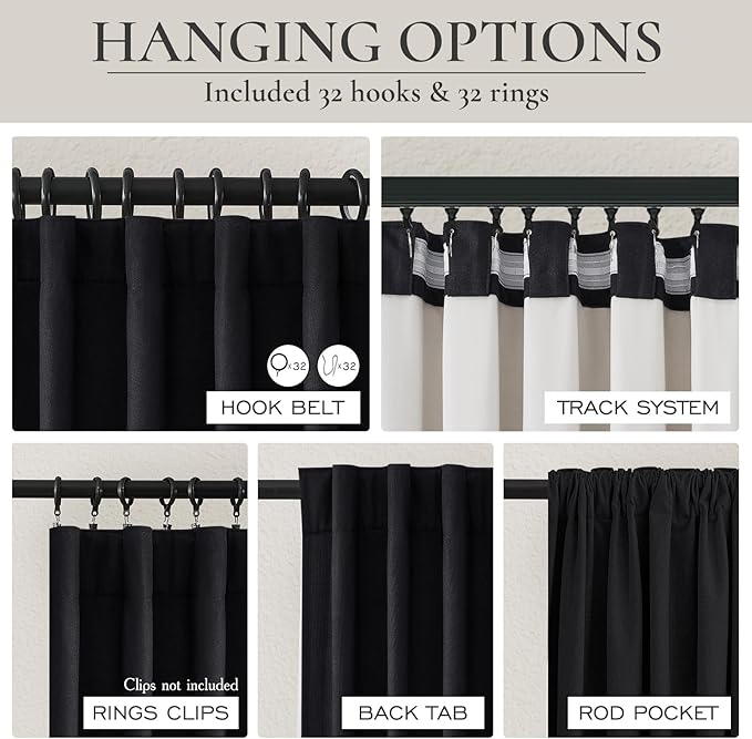 Black Curtains for Bedroom 90 Inch Long 2 Panels Set