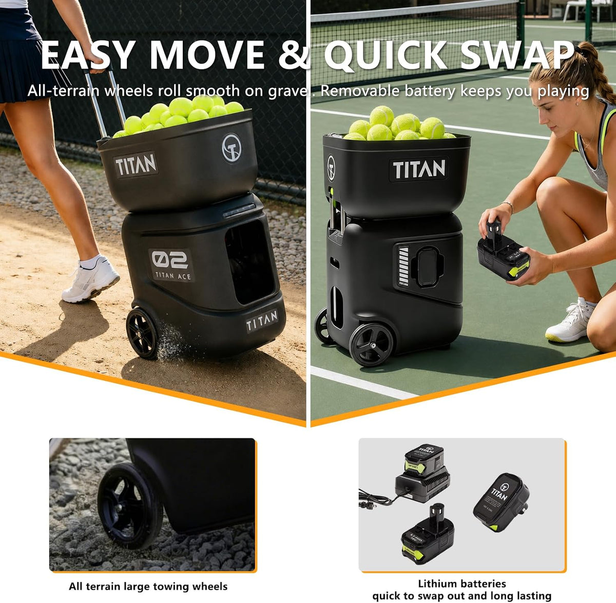 Titan ACE Tennis Ball Machine for Coaches & Mobile Players | 150 Ball Capacity, Lightweight 39 lb Design with Invertible Hopper, Free App Control