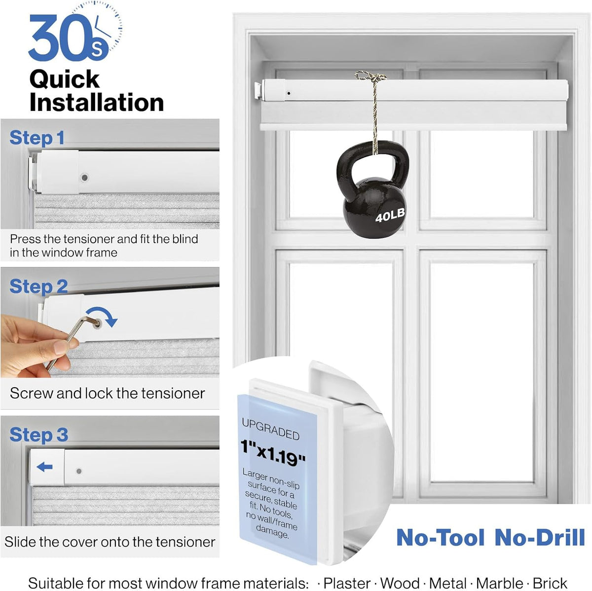 no drill blackout cellular shades, white, 31" w, side view