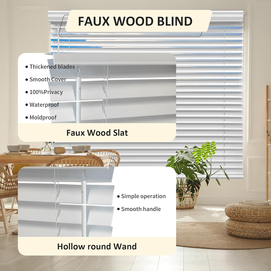 Cordless Faux Wood Blinds 26" W x 36" H, 2 Inch Slat Horizontal Windows Blinds with Crown Valance, Room Darkening, White Blinds for Home Interiors.