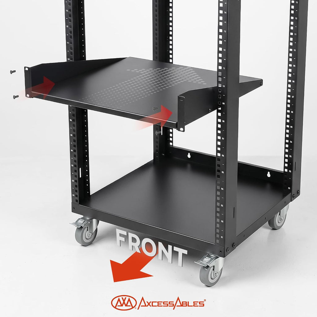 AxcessAbles 12U Open Frame Network Rack with Locking Caster Wheels - 440lb Capacity, 18" Depth | 19-Inch Open Server Rack, Two 2U Shelves, 10-32 Screws & Cage Nut Rails, Cage Nut Tool & Wall Kit