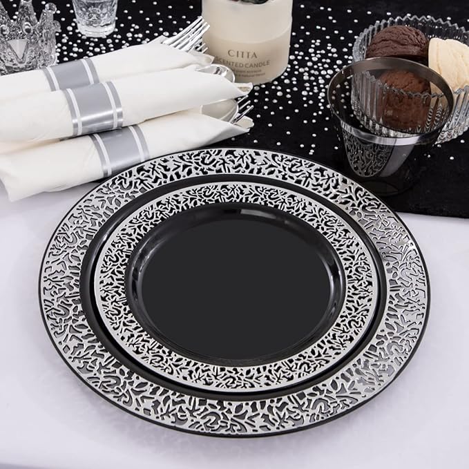 NOCCUR 210PCS Black and Silver Dinnerware Set for 30 Guests - Black Plastic Plates with Silver Rim Include 30 Dinner / 30 Dessert Plates, 30 Prewrapped Silverware, 30 Cups Ideal for Party, Halloween