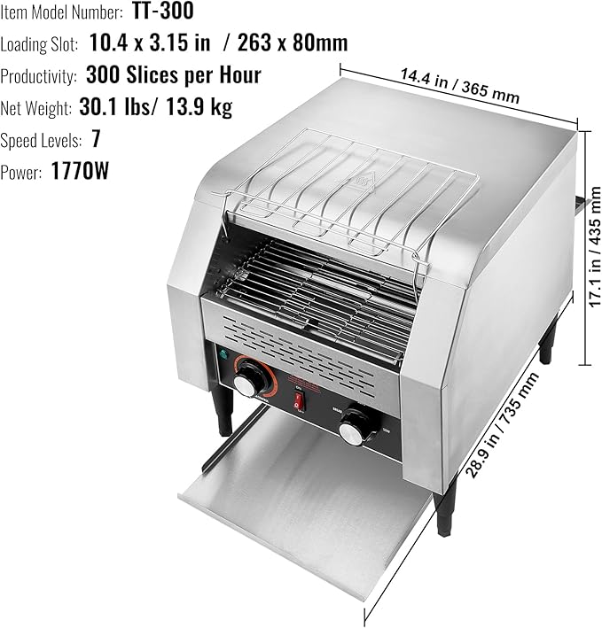 VEVOR Commercial Conveyor Toaster, 300 Slices/Hour, Heavy Duty Stainless Steel