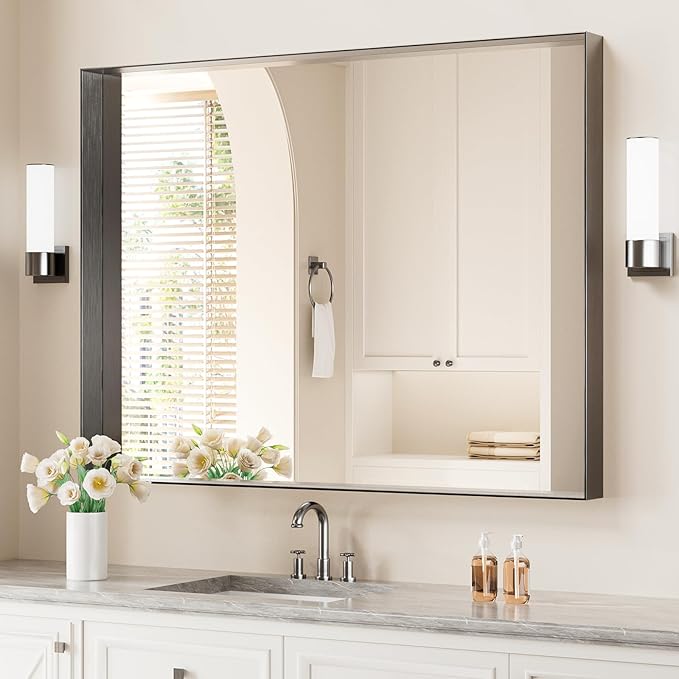 Koonmi 30x40 Inch Black Metal Framed Bathroom Mirror