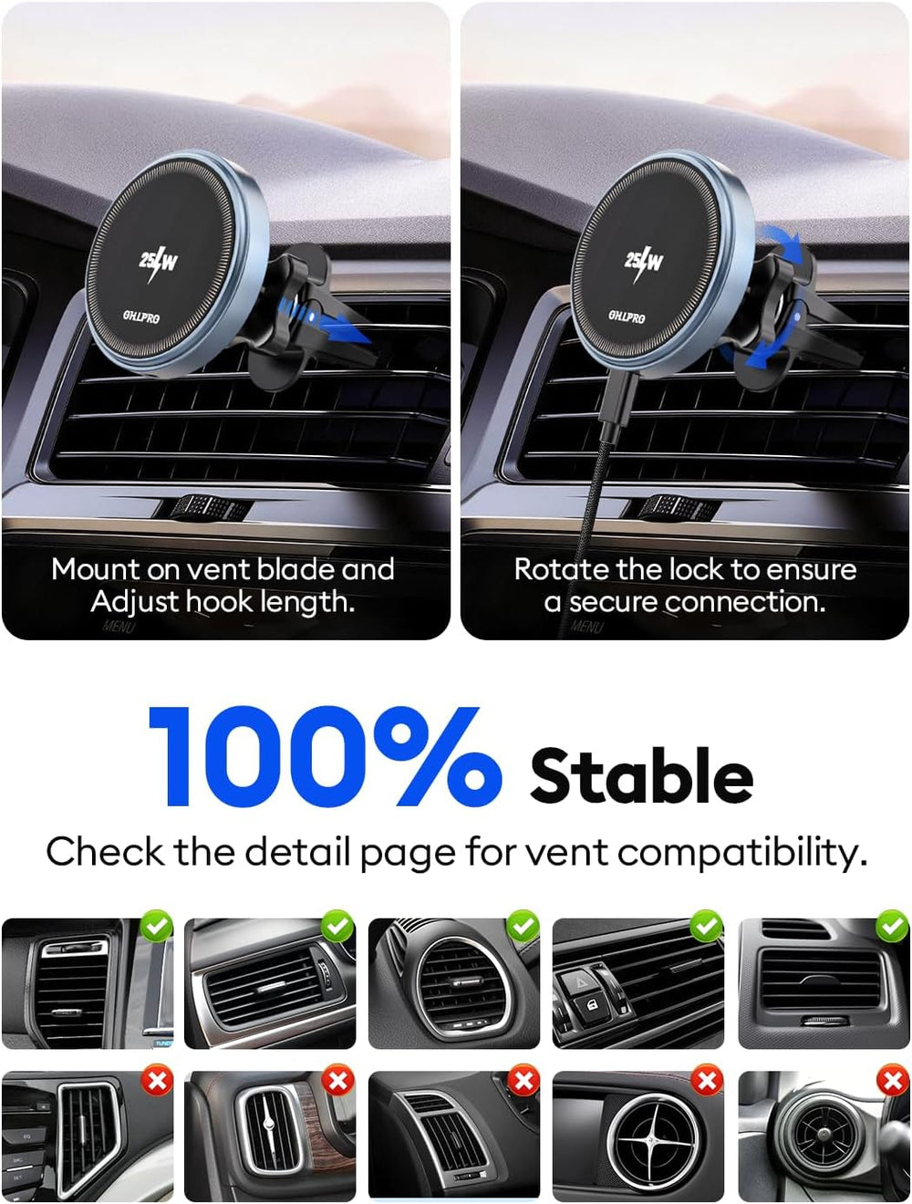 OHLPRO 25W MagSafe Car Mount Charger, Magnetic Wireless Car Charging Holder