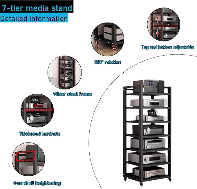 Dernoing 7 Tier Audio Rack Tower, CD Record Player Stereo Receiver AV Equipment