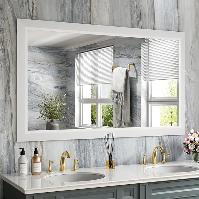 Amorho Bathroom Mirror, 50X30 Inch White Thick Metal Framed Wall Mirrors